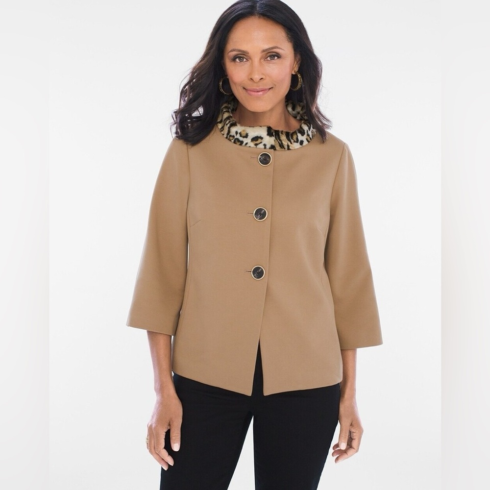 Chico's Tan 3/4 Sleeve Button Up Jacket with Faux Fur Collar - Women’s Sz 0 (S)